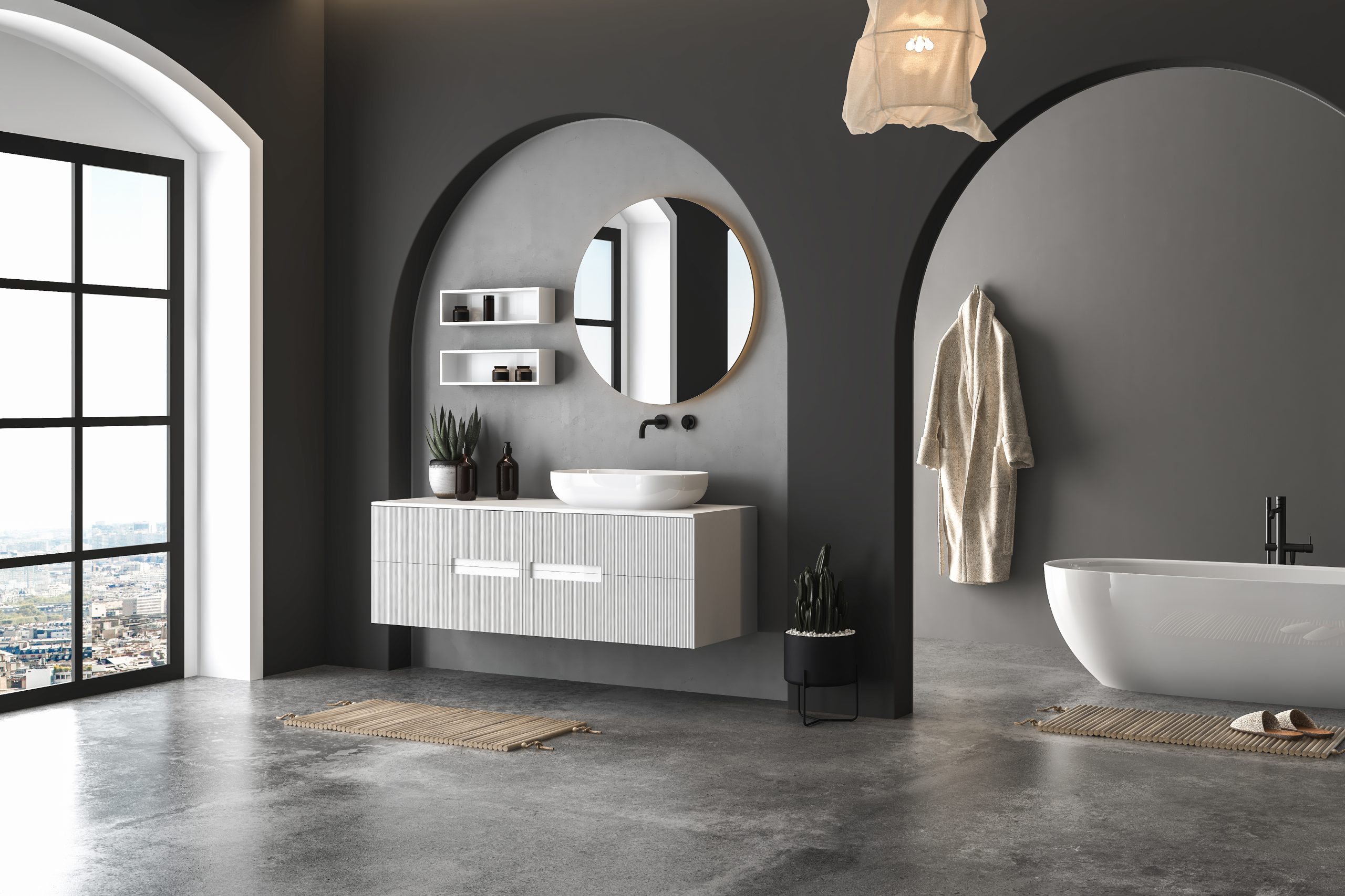 Interior of modern bathroom with concrete and black walls, concrete floor and comfortable white sink with  round mirror, bathtub, plant, pendant light. Window with city view. 3d rendering